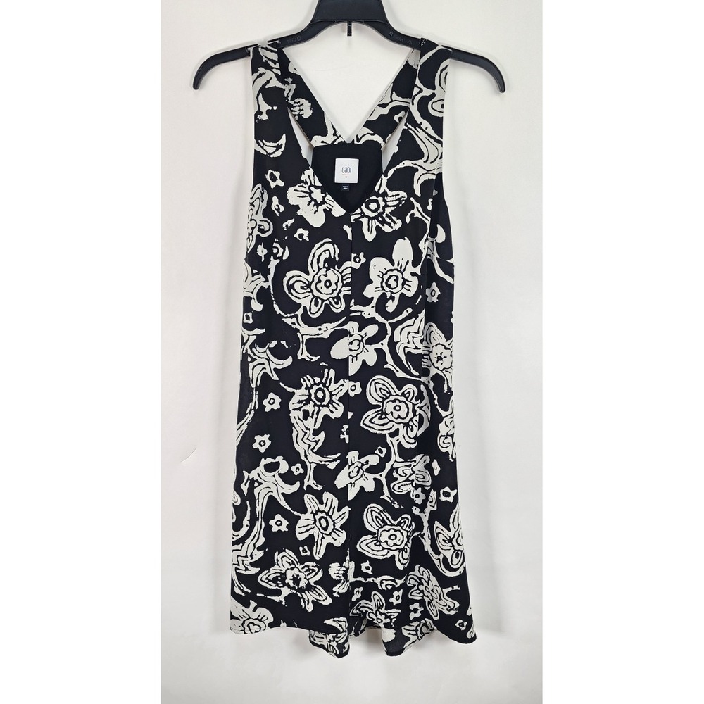 Cabi Padma Floral V-neck Racerback Dress Women's S Black Floral Coastal Resort